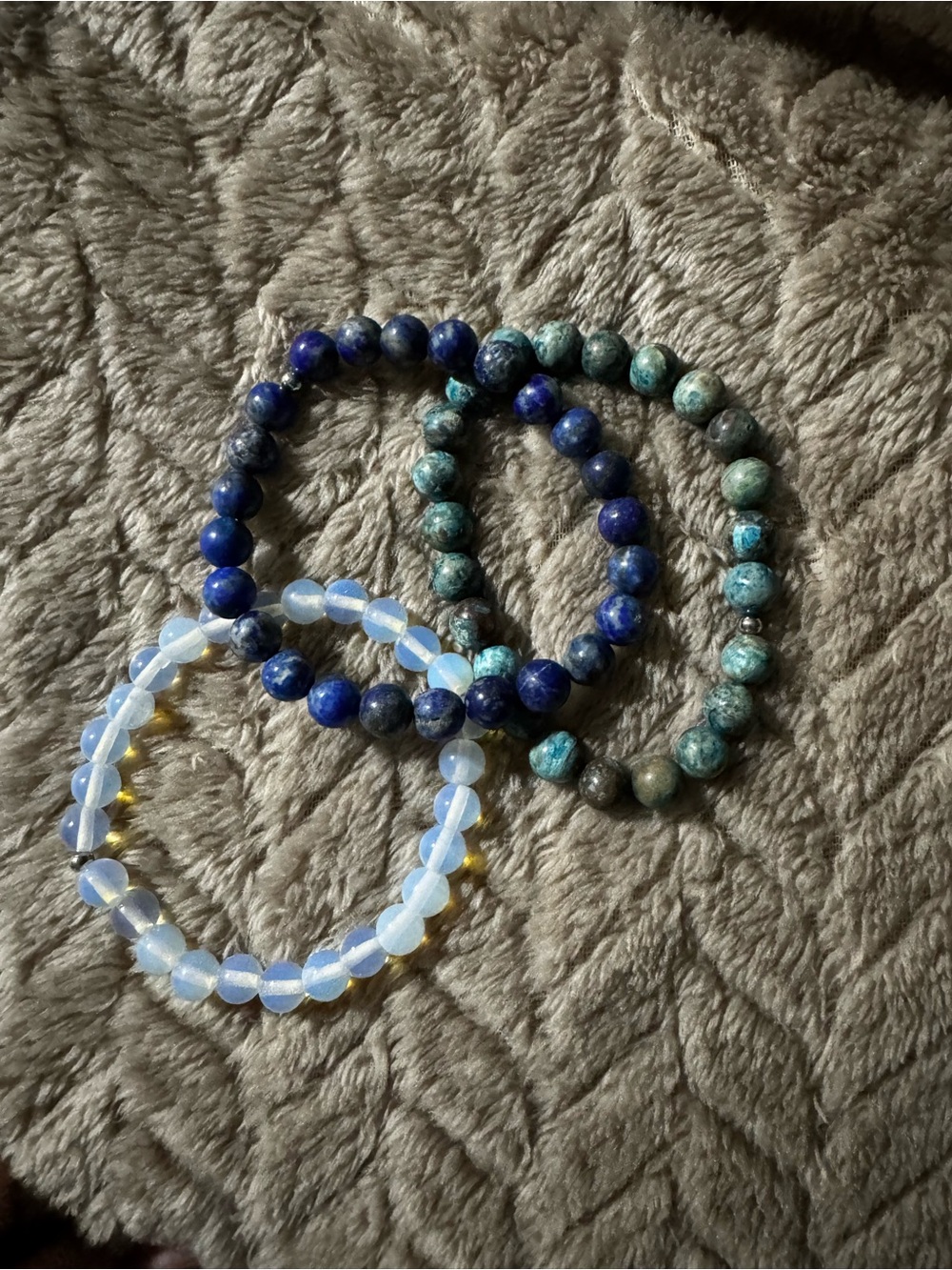 3 White, Blue & Teal Beaded Stretch Bracelet Set - Women Jewelry